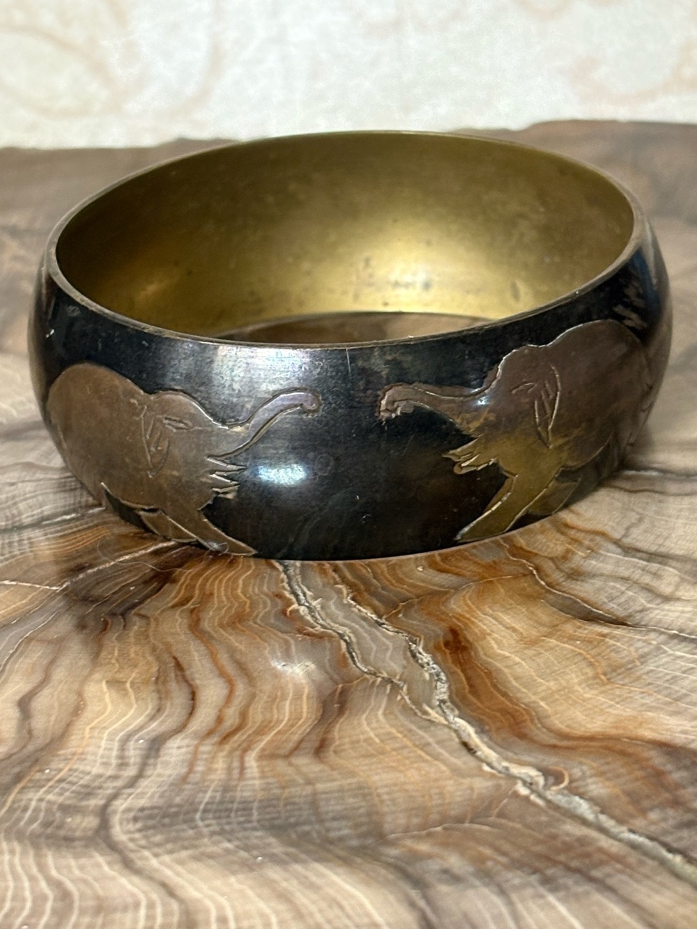 Vintage Brass Inlay Elephant Bangle Bracelet